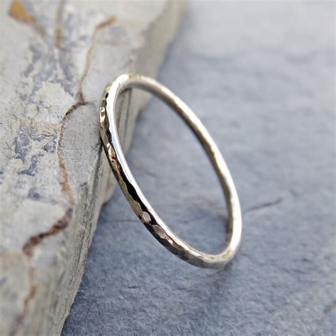 Simple Thin 14k White Gold Wedding Band In Smooth Hammered Etsy