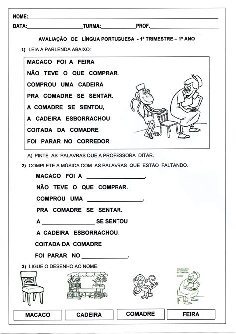 Avaliação De Língua Portuguesa 1 Ano 1 Trimestre · Alfabetização Blog