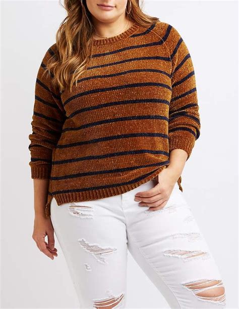 Charlotte Russe Plus Size Chenille Stripe Crew Neck Sweater Sweaters
