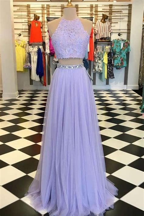 Purple Tulle Two Pieces Lace Long Prom Dress Purple Evening Dress
