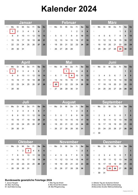 Kalender 2024 Mit Kalenderwochen Und Feiertagen Pdf Xls And Png