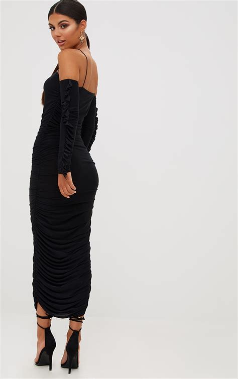 Black Ruched Cold Shoulder Midi Dress Dresses Prettylittlething Usa