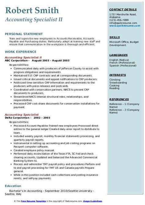Accounting Specialist Resume Samples Qwikresume