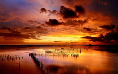 Sunset Sea Columns Rows Clouds Ocean Lakes Reflection Sky Clouds Color