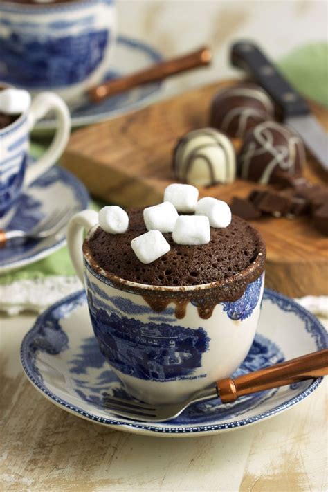 Hot Chocolate Mug Cake With Marshmallows In It On A Blue And White Plate