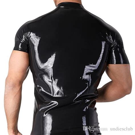 Black Sexy Slim Mens Patent Leather Short Sleeve Zipper Open T Shirt