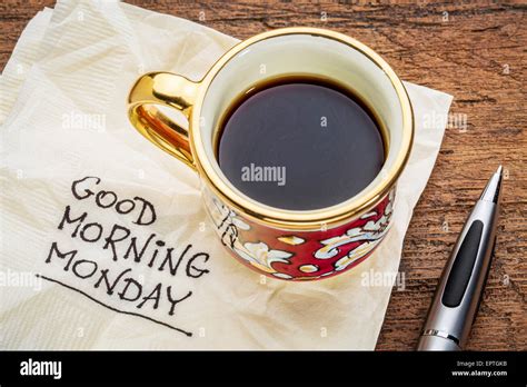 Good Morning Monday Handwriting On A Napkin With A Cup Of Coffee