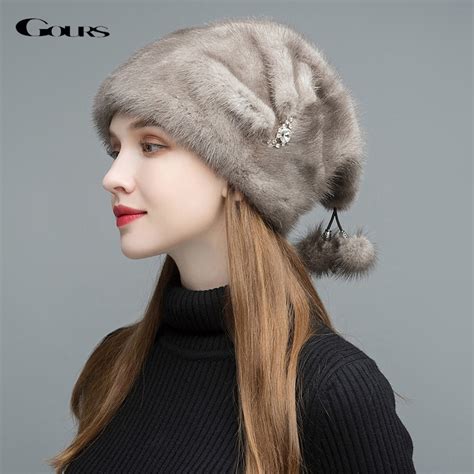 Gours Womens Fur Hats Whole Real Mink Fur Caps Warm In Winter Luxury