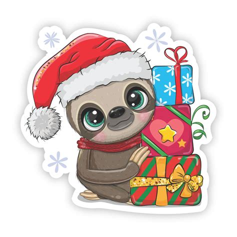 Cute Christmas Cartoon Sloth With Santa Hat And Presents Signway