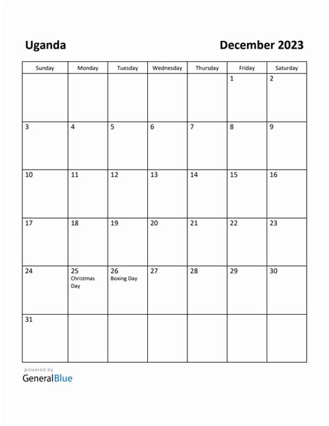 Free Printable December 2023 Calendar For Uganda