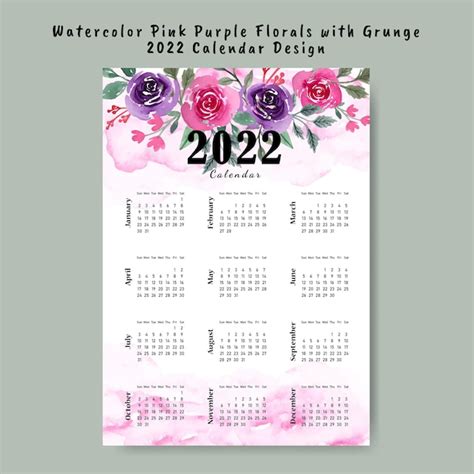 Premium Vector Watercolor Pink Purple Florals 2022 Calendar Design