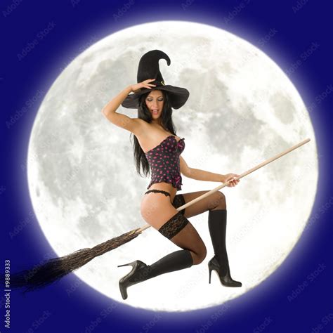 Cute Sexy Witch In Lingerie Flying With Broom And A Big Moon Stock