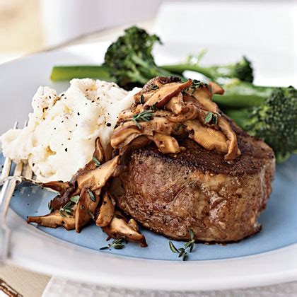 Beef tenderloin is known as much for its buttery tenderness as it is for its price tag, so it seemed if using the mushroom sauce, prepare this while the beef roasts: Beef Tenderloin Steaks with Shiitake Mushroom Sauce Recipe | MyRecipes