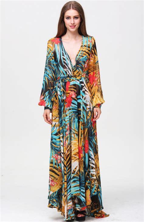 Multicolor V Neck Long Sleeve Floral Maxi Dress Vestidos Roupas Estampas