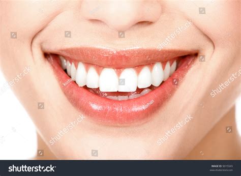 Beautiful Young Woman Teeth Isolated Over White Background Stock Photo
