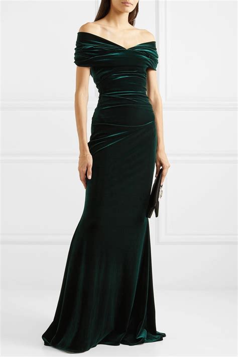 Dark Green Bobonne Off The Shoulder Ruched Stretch Velvet Gown Talbot