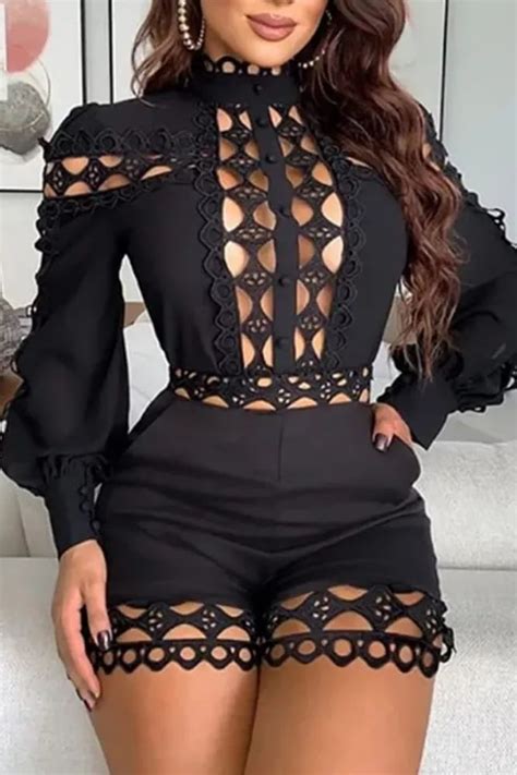 Black Sexy Patchwork Solid Lace Button Turtleneck Jumpsuits Fashion Clothes Women Sexy Party