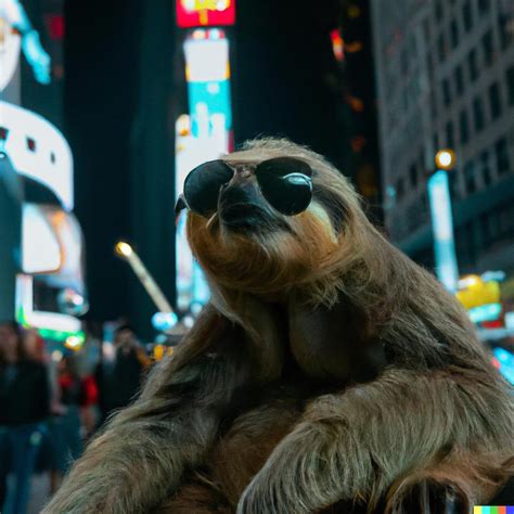 A 4k Photo Of A Sloth Wearing Sunglasses In The Middle Of Times Square