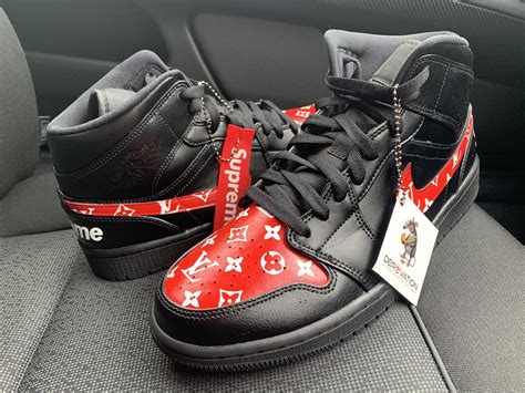 custom black lv supreme jordan 1 mid derivation customs custom sneakers swarovski trainers