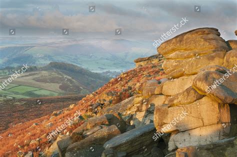Rocks Moorland Habitat Across Valley Sunrise Editorial Stock Photo
