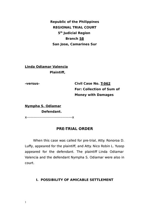 Pre Trial Order In Civil Case In The Philippines Republic Of The Philippines Regional Trial