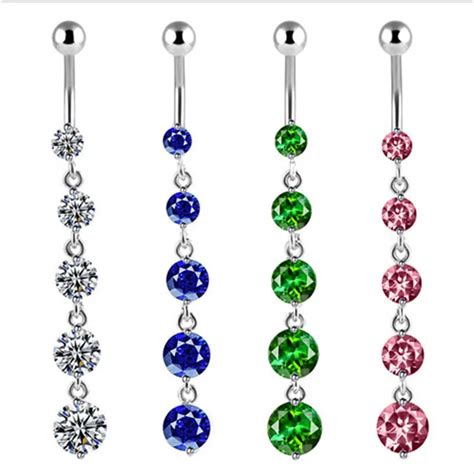 New Surgical Steel Long Tassel Dangle Navel Rings Double Pink Crystal