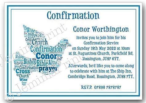10 Personalised Boys Confirmation Dove Word Art Word Cloud Invitations