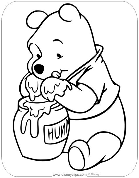 The character of winnie the pooh was based on milne's son's (christopher) teddy bear, but the drawings were inspired by a toy bear named growler, belonging to shepard's own son. Winnie the Pooh Honey Coloring Pages | Disneyclips.com