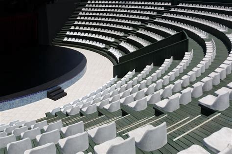 Grandstands Of A Modern Summer Outdoor Amphitheater And A Stage For