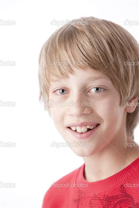 Real Caucasian Smiling Little Boy With Blond Hair And Blue Eyes Stock