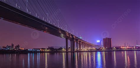 Night View Of Modern River Crossing Bridge Guangzhou Pearl River