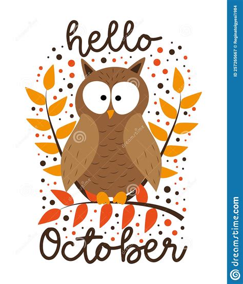 Hello October Autumnal Greeting With Owl On Branch Stock Vector