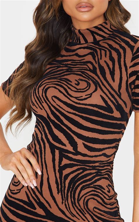 Brown Zebra Print Flocked High Neck Bodycon Dress Prettylittlething