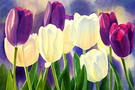 Purple And White Tulips Painting By Sharon Freeman