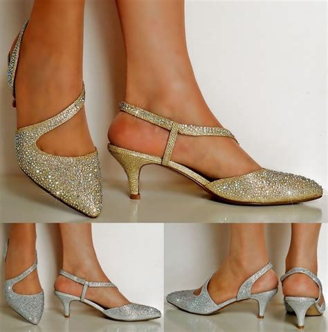 New Ladies Diamante Party Evening Prom Low Kitten Heel Court Shoe Size