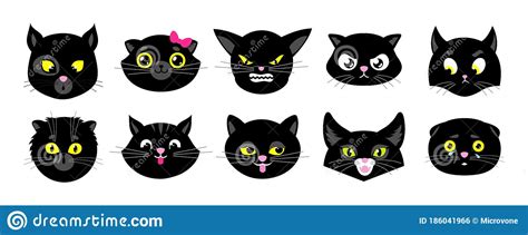 Black Cats Faces Isolated Flat Kittens Halloween Cat Avatars