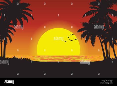 Vector Illustration Of A Tropical Beach Sunset View Stock Vector Image