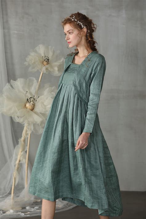 linen dress, midi dress, moss green dress, layered dress, skater dress, mod dress, boho dress 