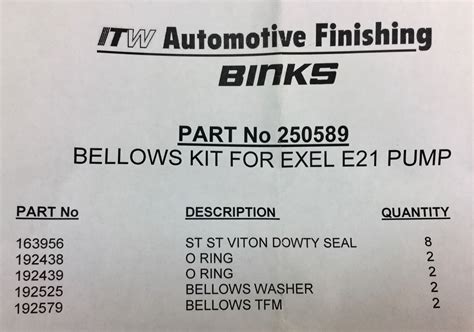 ITW BINKS 250589 BELLOWS KIT FOR EXEL SERIES E21 PUMP NEW IN PKG EBay
