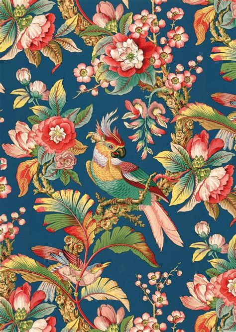 Antique French Chinoiserie Wallpaper Tropical Birds Peony