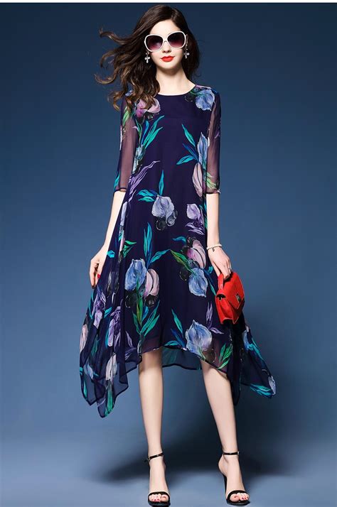 New Silk Dress Spring Summer Floral Print Women Silk Dress Loose