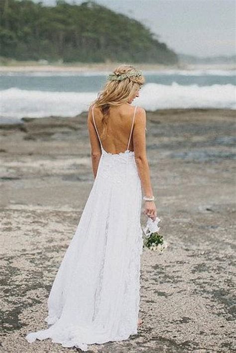 Boho Summer Beach Wedding Dresses A Line Spaghetti Straps Lace Bodice Chiffon Skirt Backless