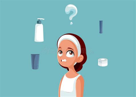 Confused Teen Girl Choosing A Skin Care Cosmetic Product Vector