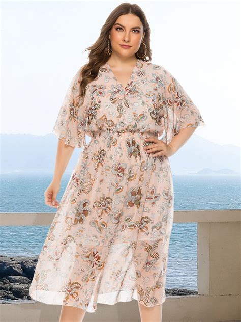 Flutter Sleeve Flower Print Shirred Plus Size Dress