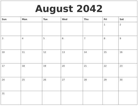 August 2042 Blank Printable Calendars