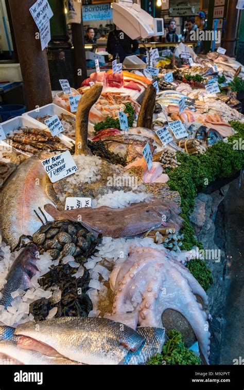 A Selection Of Fresh Fish On A Fishmongers Stall At Borough Market In