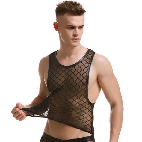 Men S Sexy Black Plaid Fishnet Tank Tops Gay Bar Performance Shirt