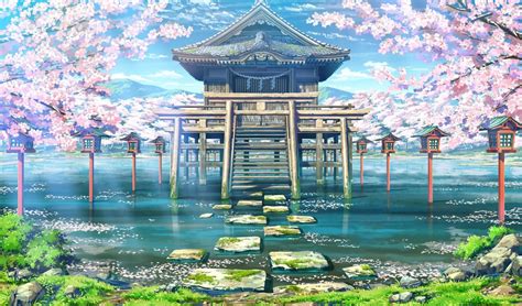 Anime Shrine View Daytime Landscape Background Animation Background