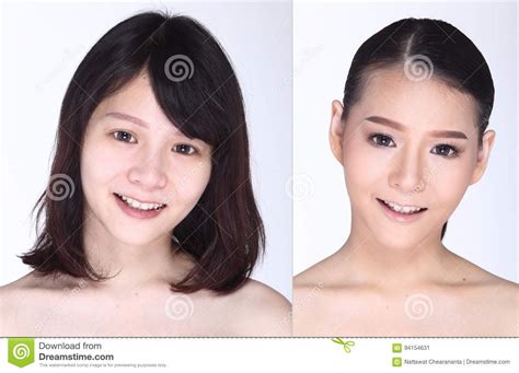 Asian Woman Before After Make Up Hair Style No Retouch Stock Image