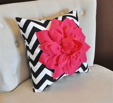 Hot Pink Dahlia On Black And White Zigzag Pillow Chevron Pillows